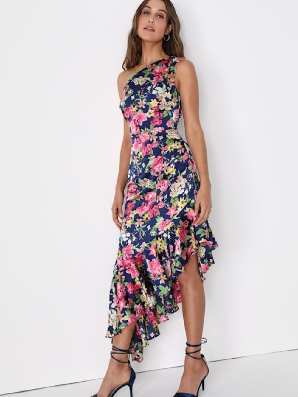 Floral One-Shoulder Ruffled Midi Dress - Navy/Pink